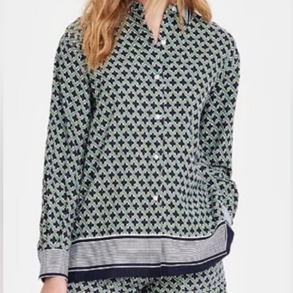Nautica Green & Navy Designed Linen Blend Button-up Shirt size Medium